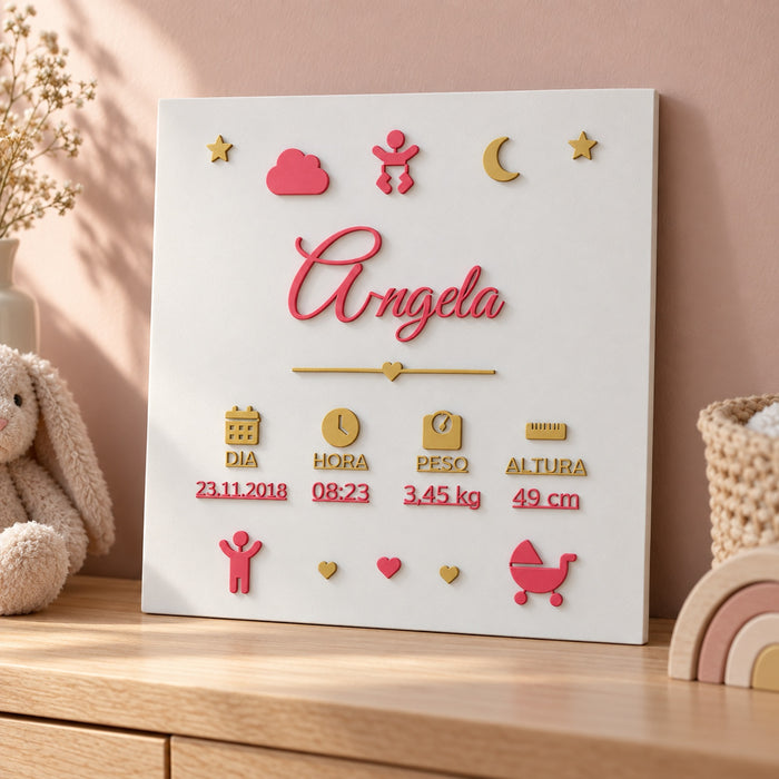 Quadro de Nascimento Personalizado 3D – Nome e Dados do Bebé